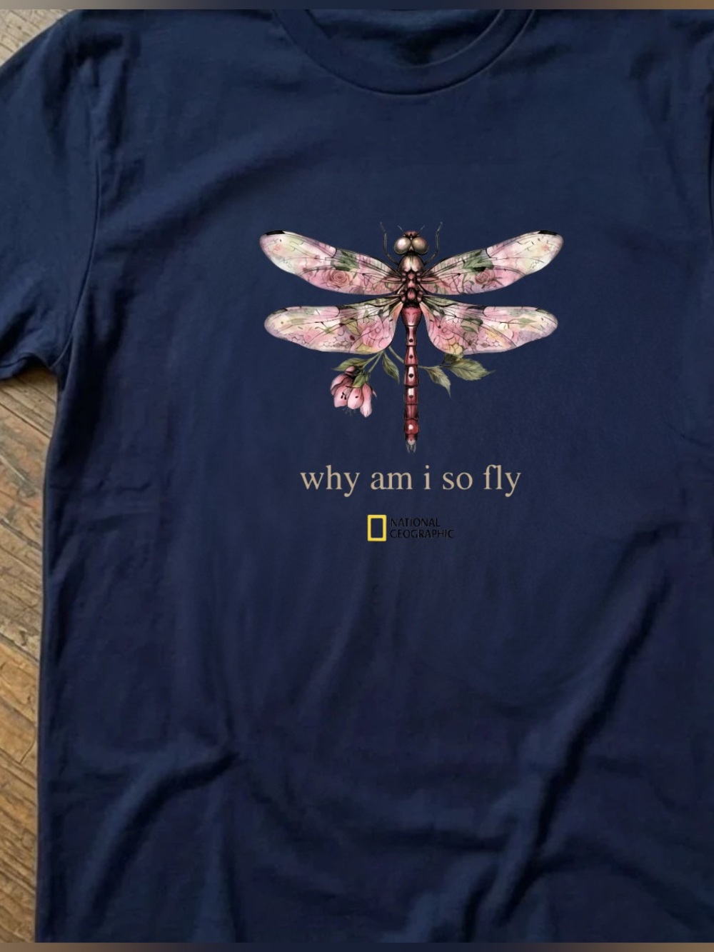 National Geographic Navy Blue Tee with Pink Dragonfly Graphic Size L New